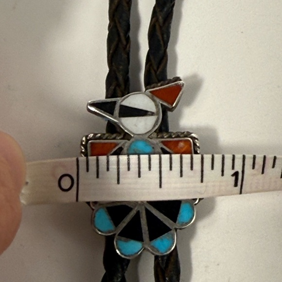 Bolo tie thunderbird Native American Turquoise,coral, mother of pearl,onyx - Picture 6 of 7
